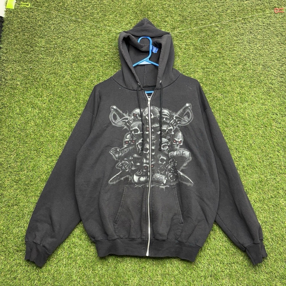 Walt Disney World Hoodie Mens Medium Black Pirates Caribbean Skull Full Zip y2k